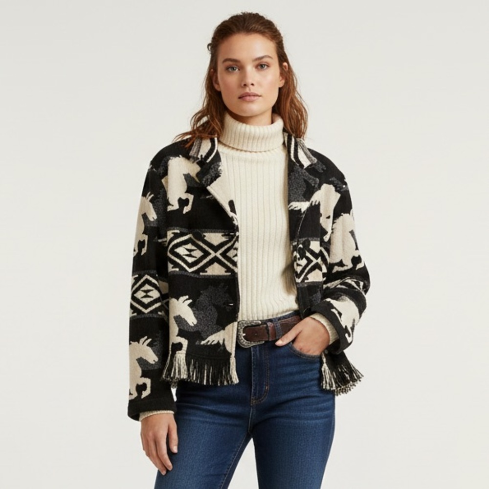 Vintage Black and Cream Patterned Fringe Jacket